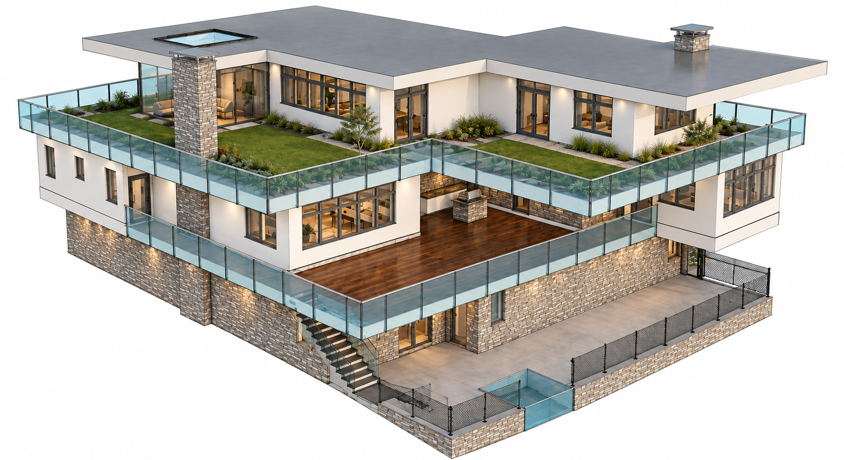 Architectural render of a contemporary multi-level residence with landscaped rooftop terraces and glass railings