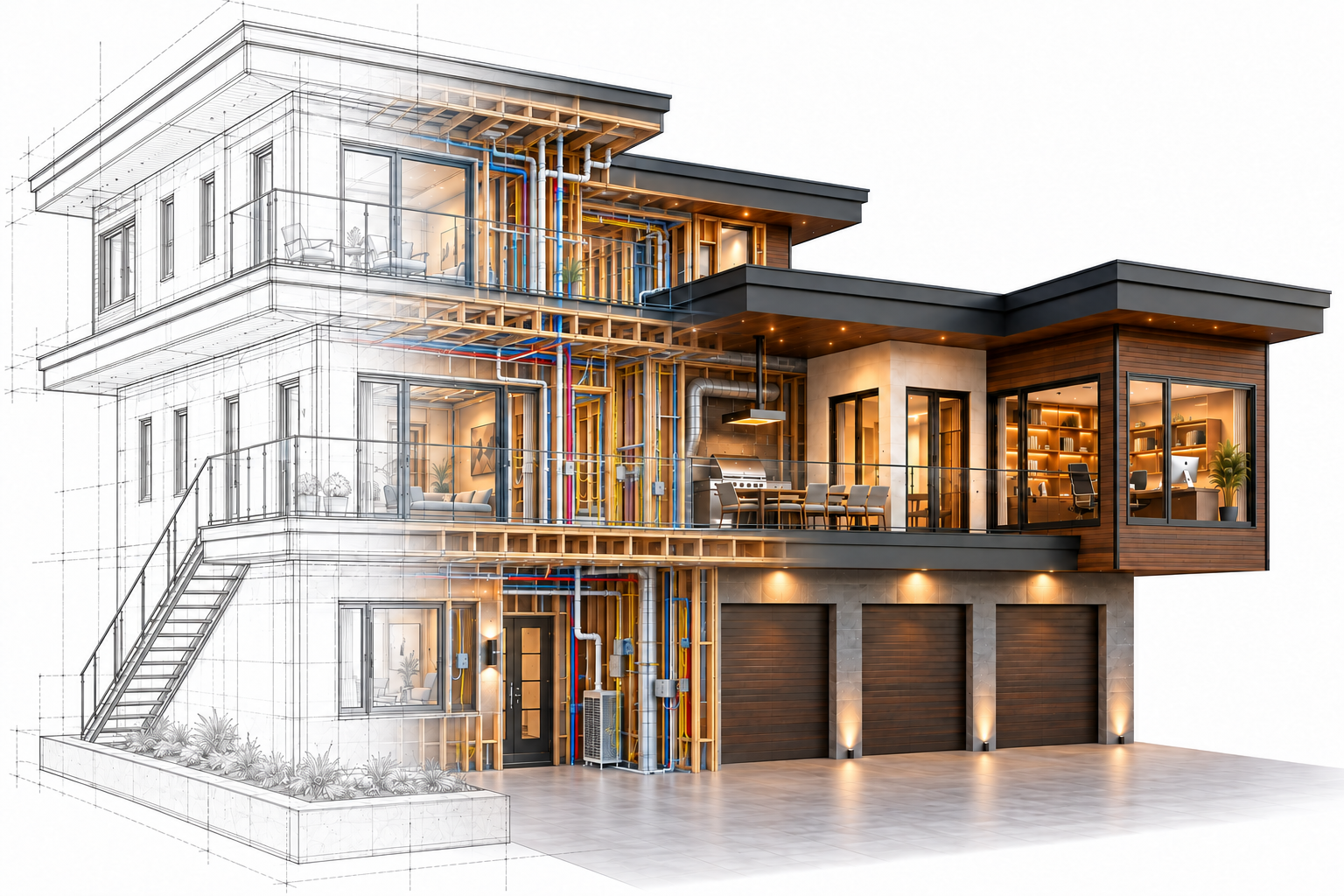 A contemporary home transitioning from architectural linework through exposed framing and building systems to a finished realistic rendering